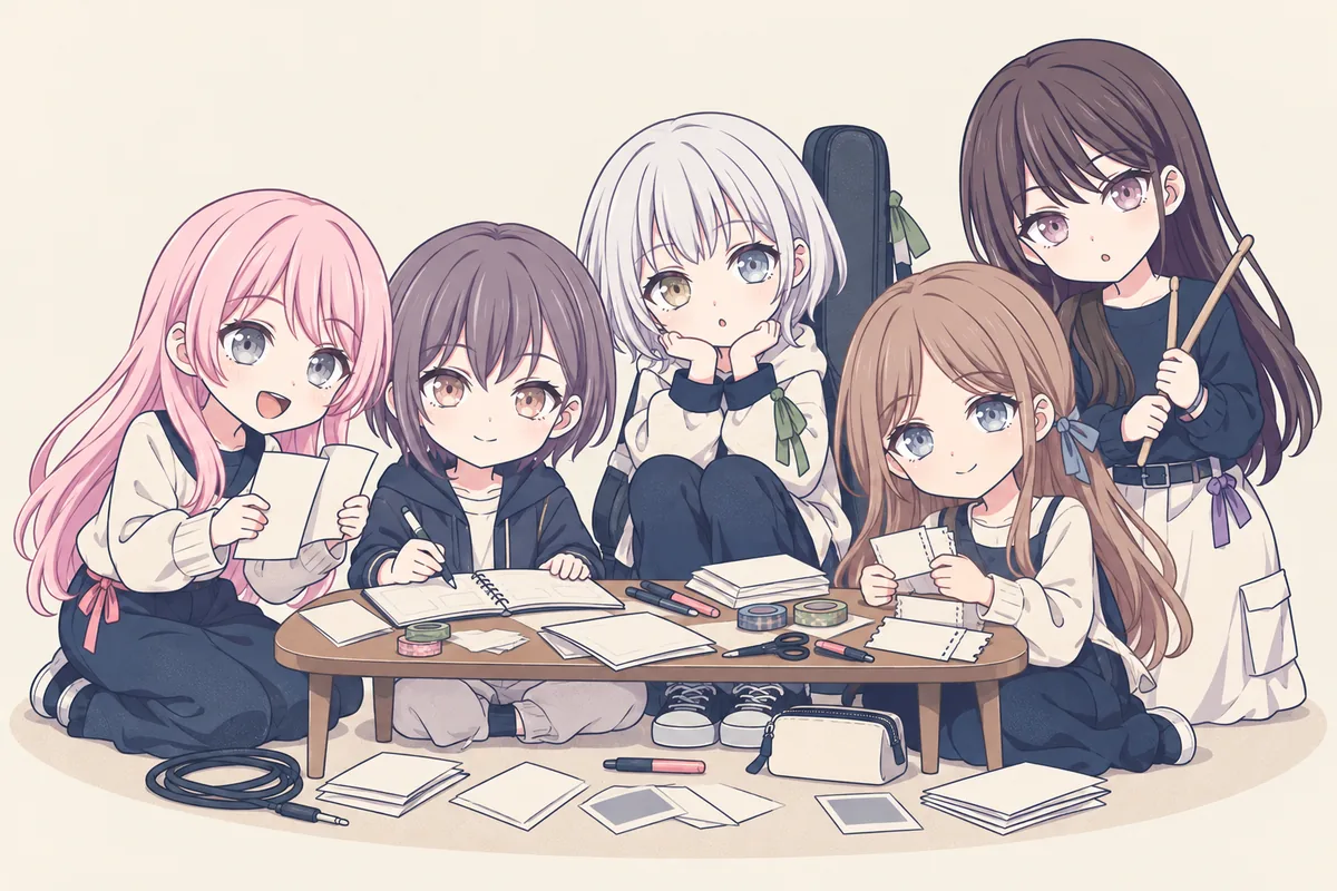 Q 版愛音、燈、樂奈、爽世和立希围坐制作一本音乐小志。